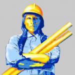 A painting in shades of blue and gold of a man with long dark hair and a hard hat holding rolls of project plans.