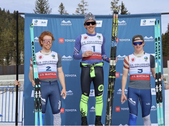 Three athletes in nordic ski gear stand on podiums.  | Submitted photo