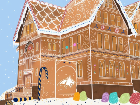 A drawn image of a college administration building styled as a holiday gingerbread house.  | MSU