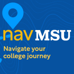 Logo of a hiker in silhouette, wearing a backpack and holding a walking stick on a path, walking toward the text, "navMSU: Navigate your college journey."