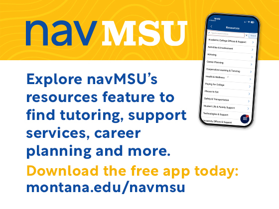 Image of a phone screen alongside text that reads" navMSU: Explore navMSU's resources feature to find tutoring, support services, career planning and more." | 