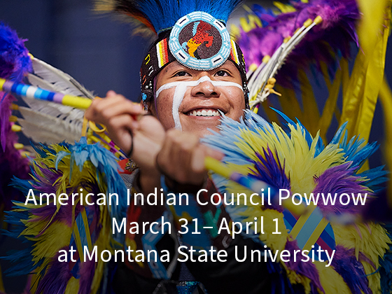 Photo of an American Indian dancer and text that reads "American Indian Council Powwow set for March 31-April 1 at Montana State."  | 