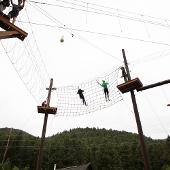 People climbing a ropes course