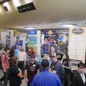 Overhead view of conversations at career fair