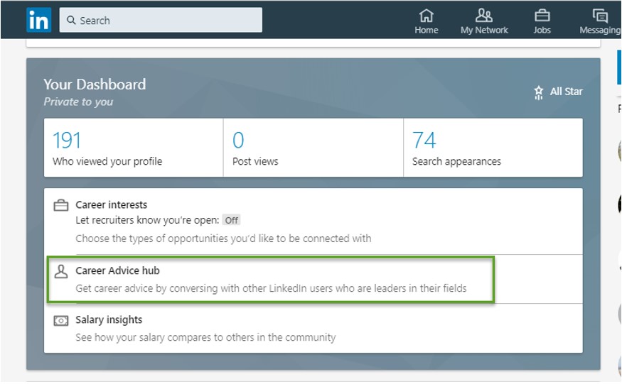 Linked In screen shot displaying the Your Dashboard page