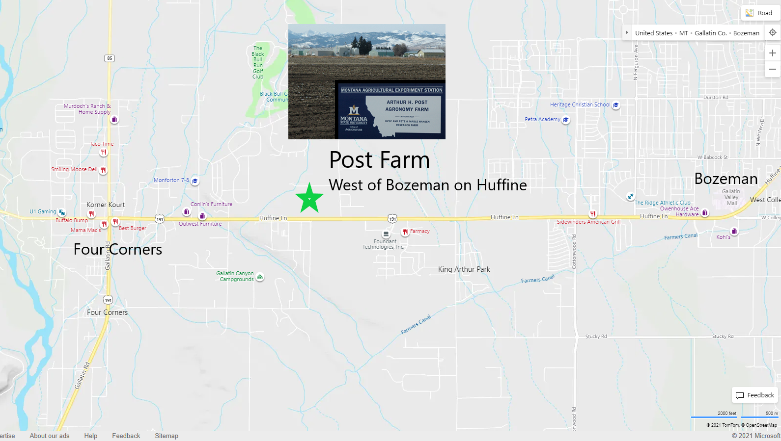 Map to Post Farm - West of Bozeman on Huffine
