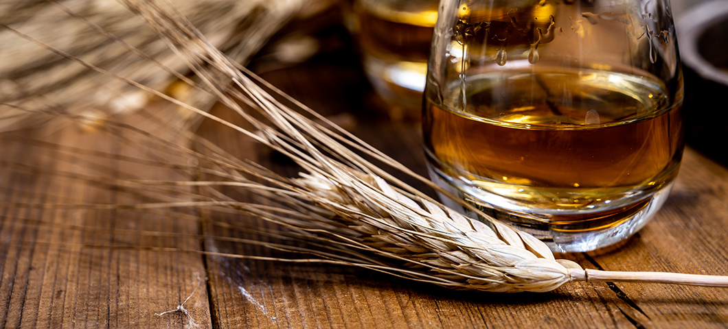 barley in front of a glass of whiskey