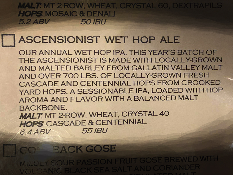 Bridger Brewing menu - Ascentionist