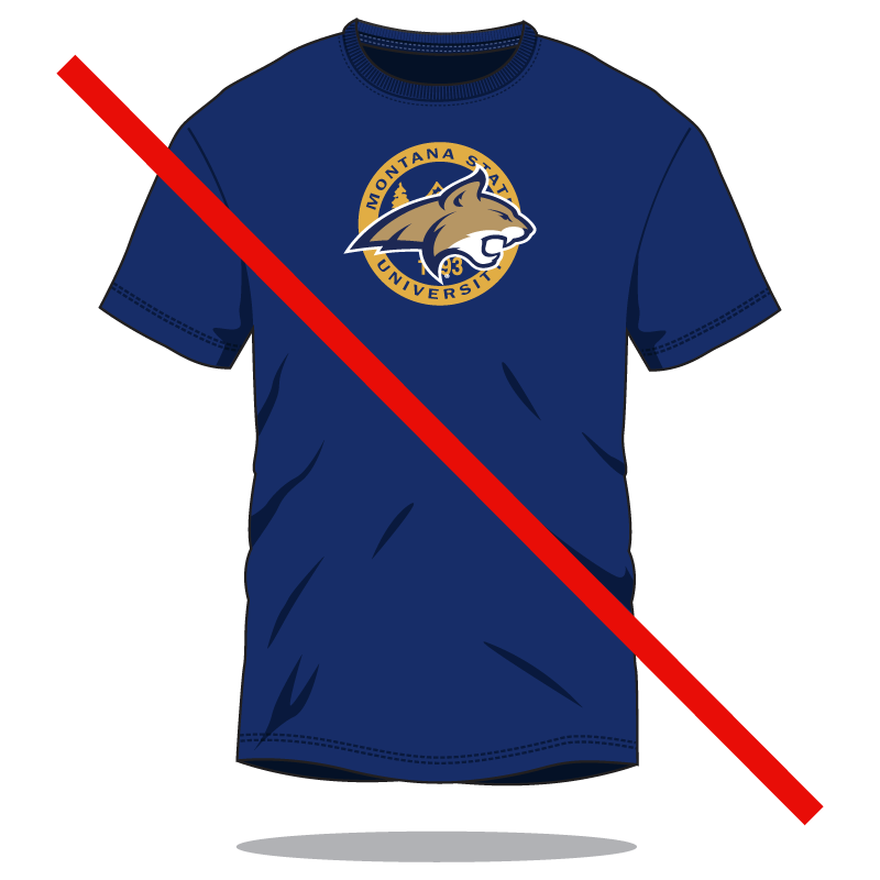 dark blue t-shirt with stretched out cathead over a gold seal and a red strikethrough