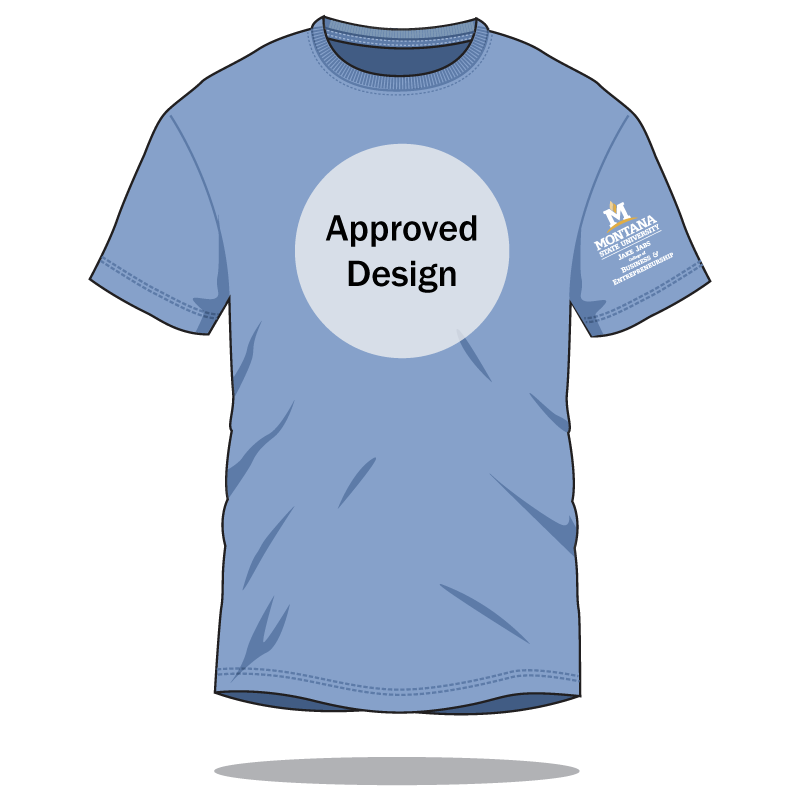 light blue t-shirt with msu logo on sleeve and a circle and text that says approved design on the front