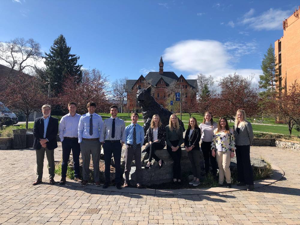 2021 community banking summer interns in front of Spirit, the bobcat, statue