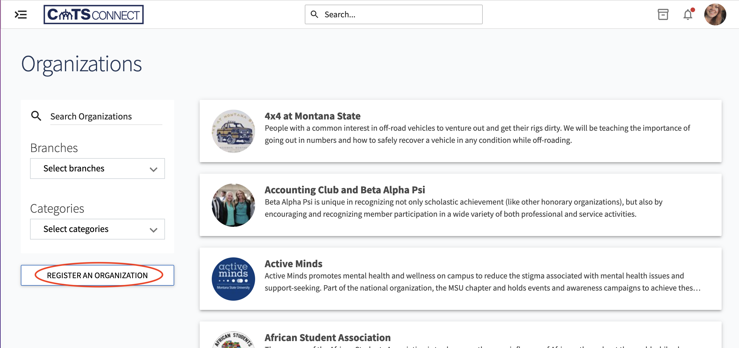 screenshot of where to find register an organization button