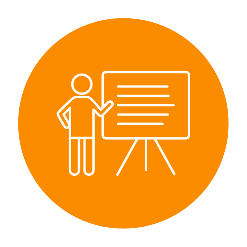 an orange circle with a stick figure person presenting a poster