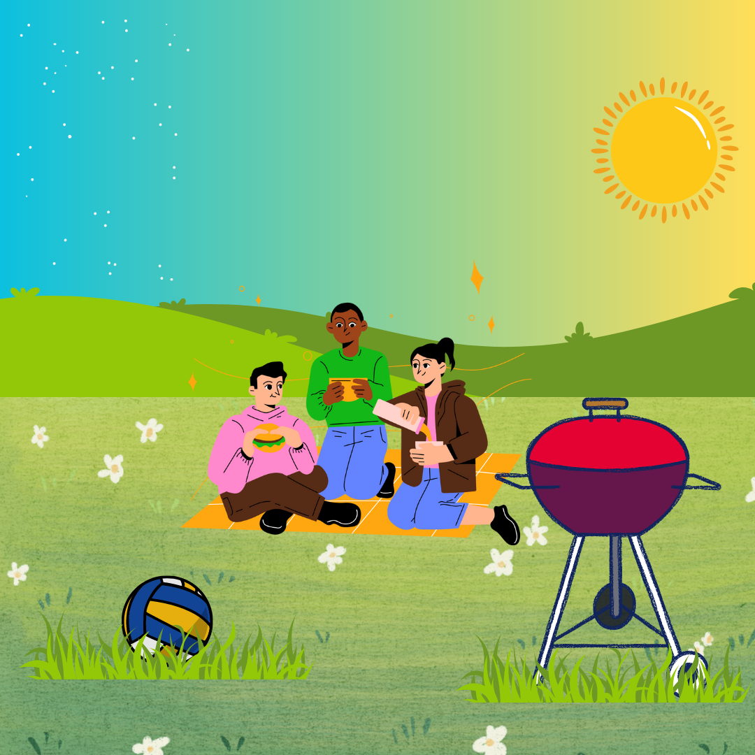 People sitting on grass with a barbeque and volleball at a park