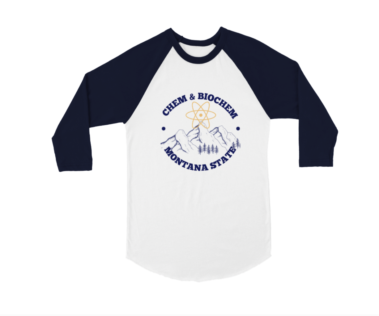 quarter sleeve baseball tee with "chemistry and biochemistry, MSU" printed over mounatins