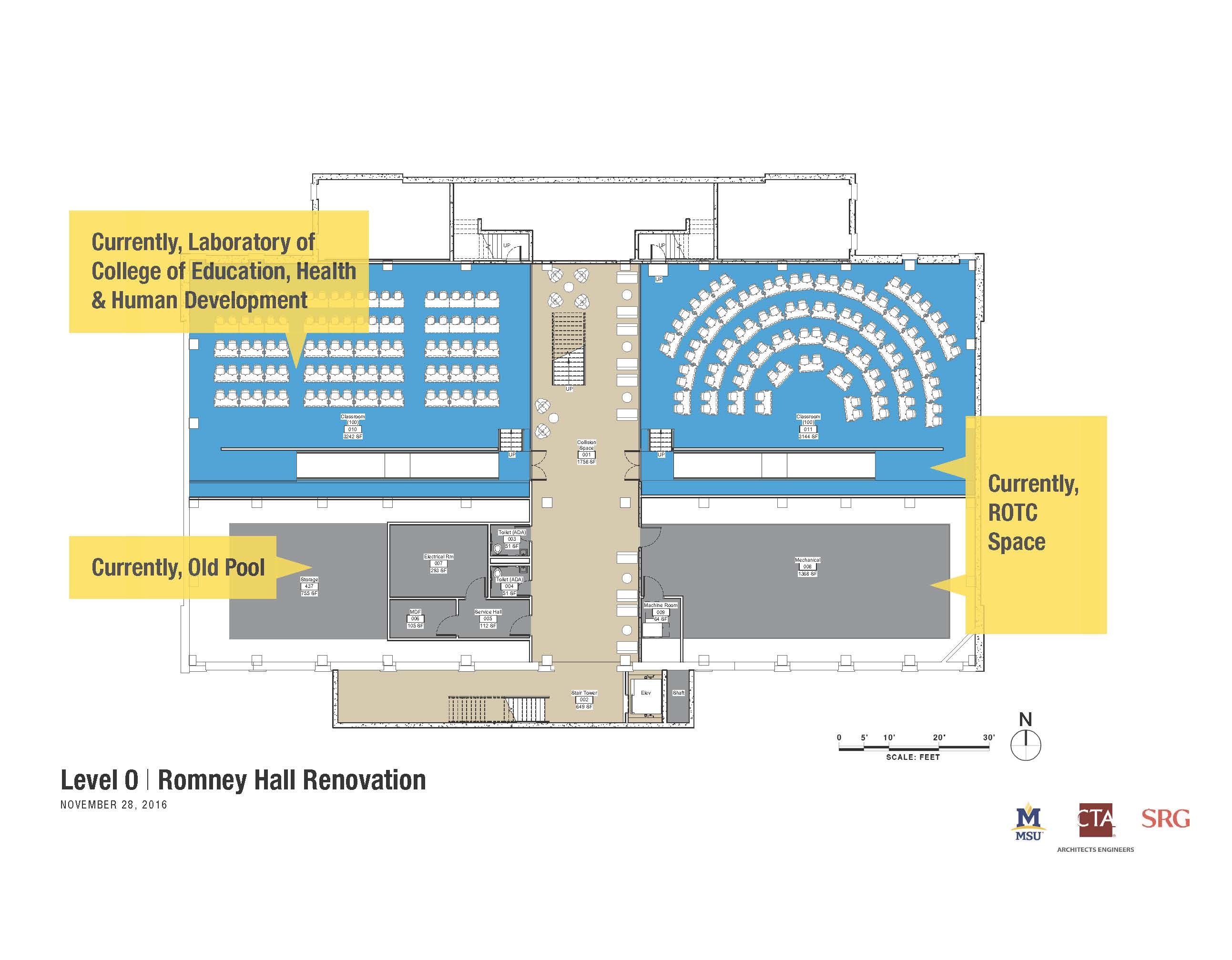 Romney Hall repurposing floorplan showing Level 0 of the building.