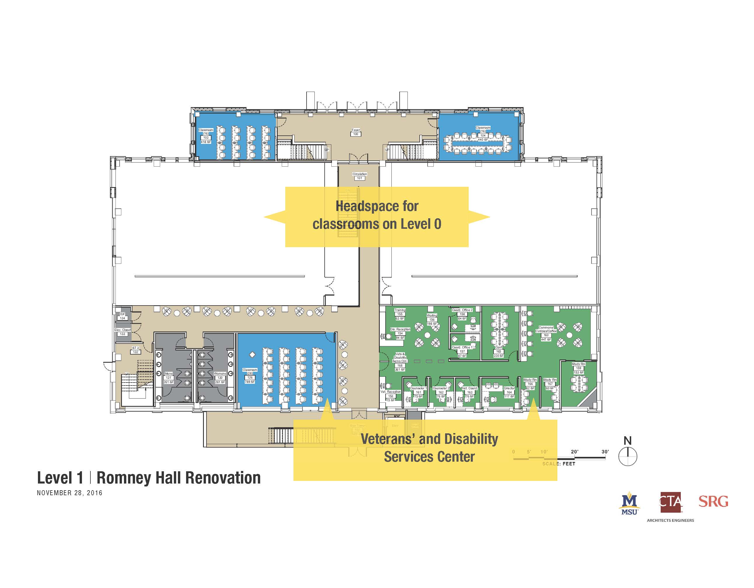 Romney Hall repurposing floorplan showing Level 1 of the building.