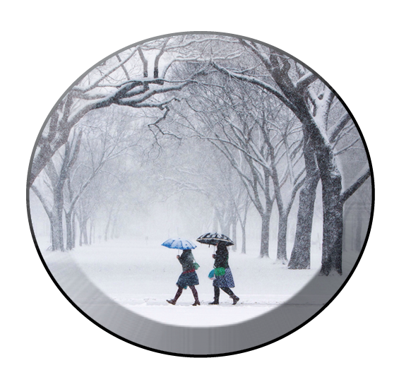 Two people with umbrellas walking in blizzard.