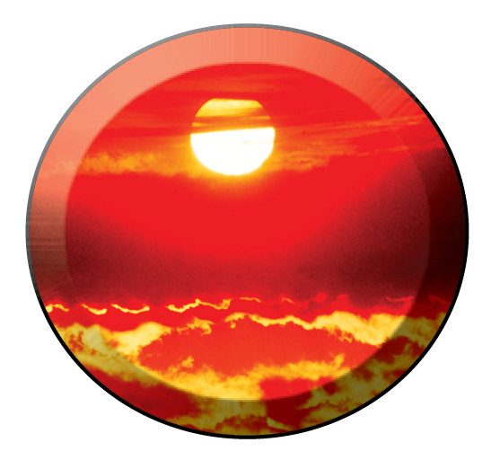 Yellow sun against red sky with clouds.