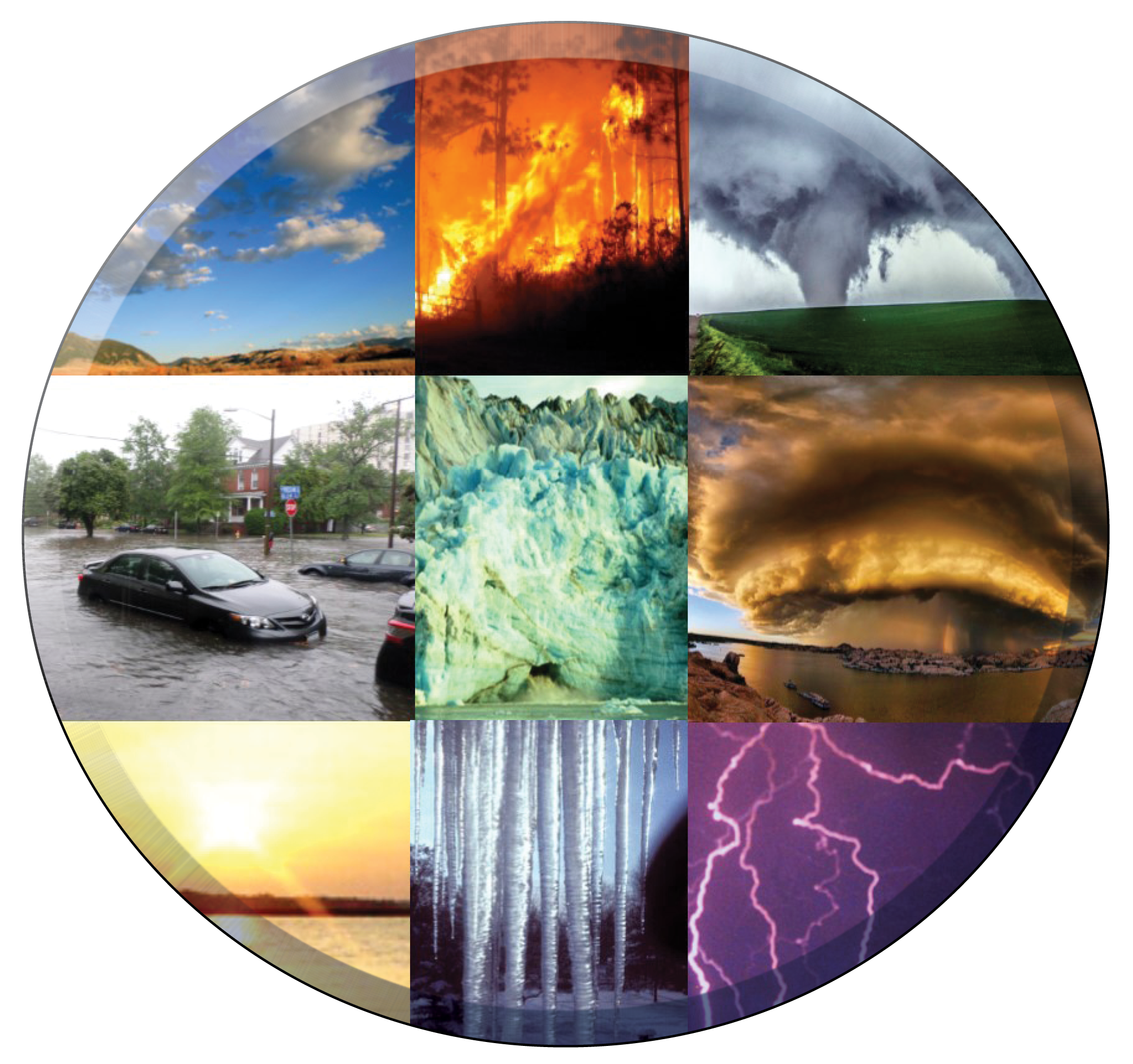 Large photo collage featuring cloudy sky, wildfire, tornado,urban flood, glacier, thunder cloud, bright sun, iclicles, and night sky lightning.