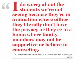 Quote: "I do worry about the students we’re not seeing because they’re in a situation where either they literally don’t have the privacy or they’re in a home where family members may not be supportive or believe in counseling." Sharon Mitchell, senior director of student wellness, University at Buffalo