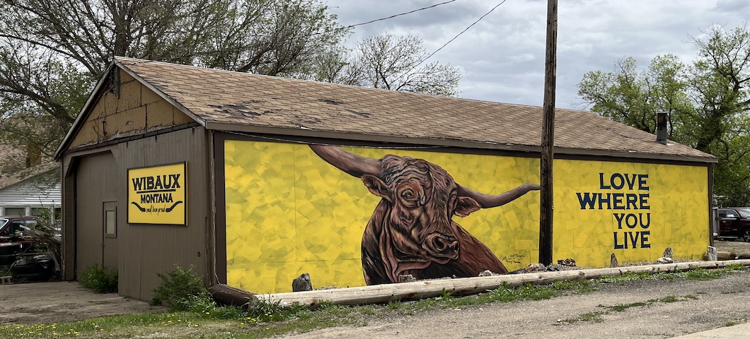 Mural of a bull on the side of a barn. Text reads, Love Where You Live