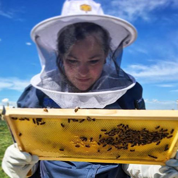 picture of a beekeper holding a honeycomb 