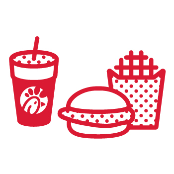 Chick-fil-A burger, fries and drink icons.