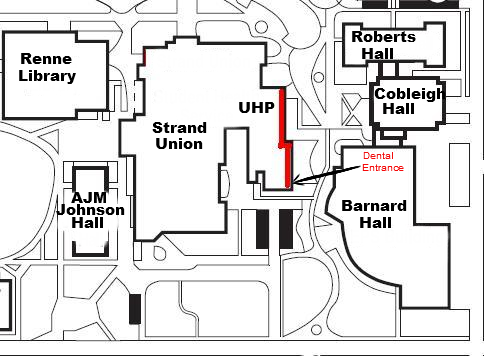 Location of Dental Services is the south end of the Swingle Building which is to the east of the Strand Union