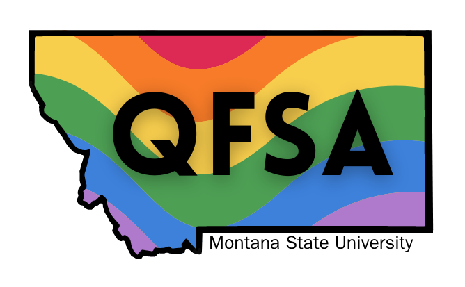 Outline of Montana filled in with swirling rainbows and the text QFSA