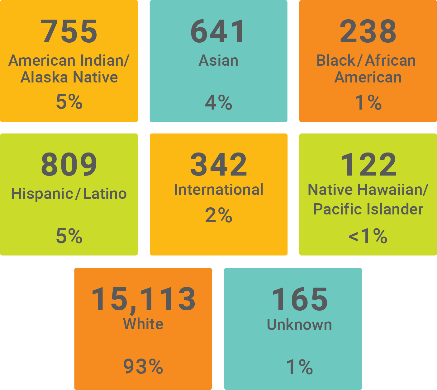 Graphic showing the demographics of students by race and ethnicity. American Indian/Alaska Native with 755 (5%), Asian with 641 at 4%, Black/African American with 238 at 1%, Hispanic/Latino with 809 at 5%, International with 342 at 2%, Native Hawaiian/Pacific Islander with 122 at less than 1%, White with 15,113 at 93%, and Unknown with 165 at 1%.