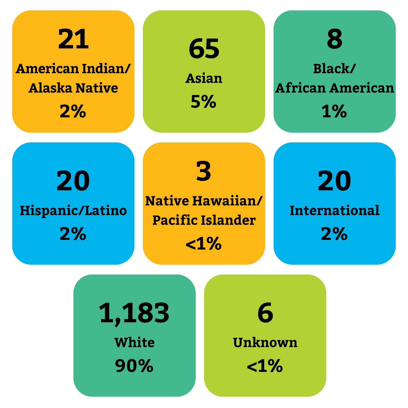 Graphic showing the demographics of faculty by race and ethnicity. 21 American Indian/Alaska Native (2%), 65 Asian (5%), 8 Black/African American (1%), 20 Hispanic/Latino (2%), 3 Native Hawaiian/Pacific Islander (<1%), 20 International (2%), 1,183 White (90%), 6 Unknown (<1%).