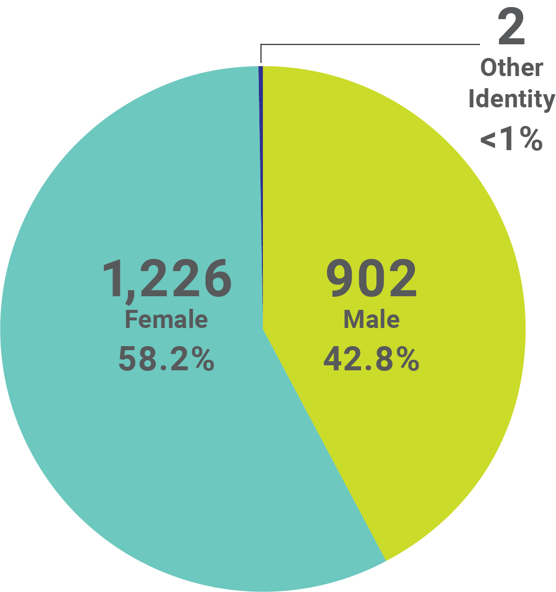 Graphic showing the demographics of staff by Gender Identity. Male with 902 at 42.8%, Female with 1,226 at 58.2%, and Other Identity with 2 at less than 1%. 