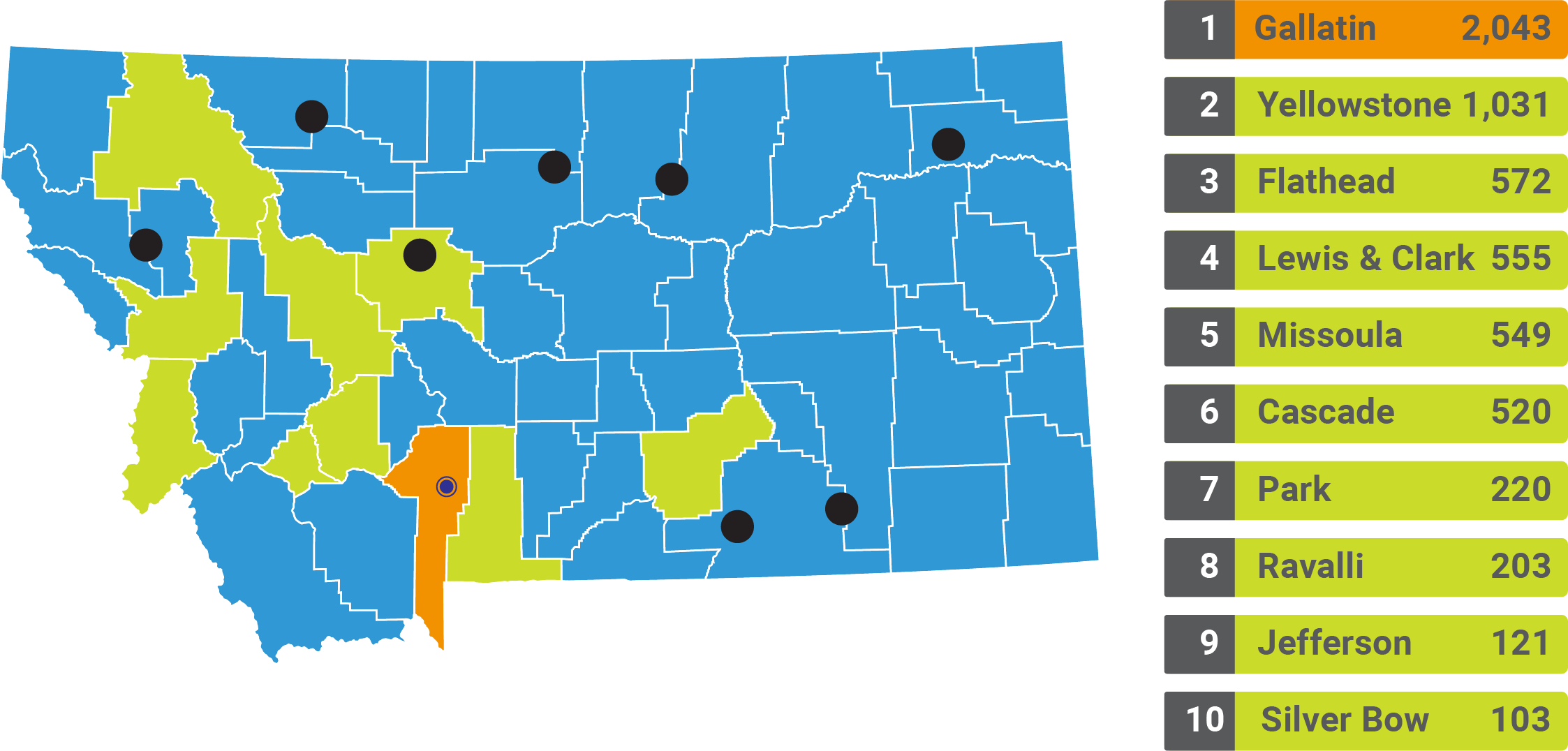Graphic of the state of Montana showing that MSU students come from all 56 Montana counties and all 8 Montna Tribal nations with the top 10 counties being Gallatin (2,043), Yellowstone (1,031), Flathead (572), Lewis and Clark (555), Missoula (549), Cascade (520), Park (220), Ravalli (203), Jefferson (121), and Silver Bow (103).