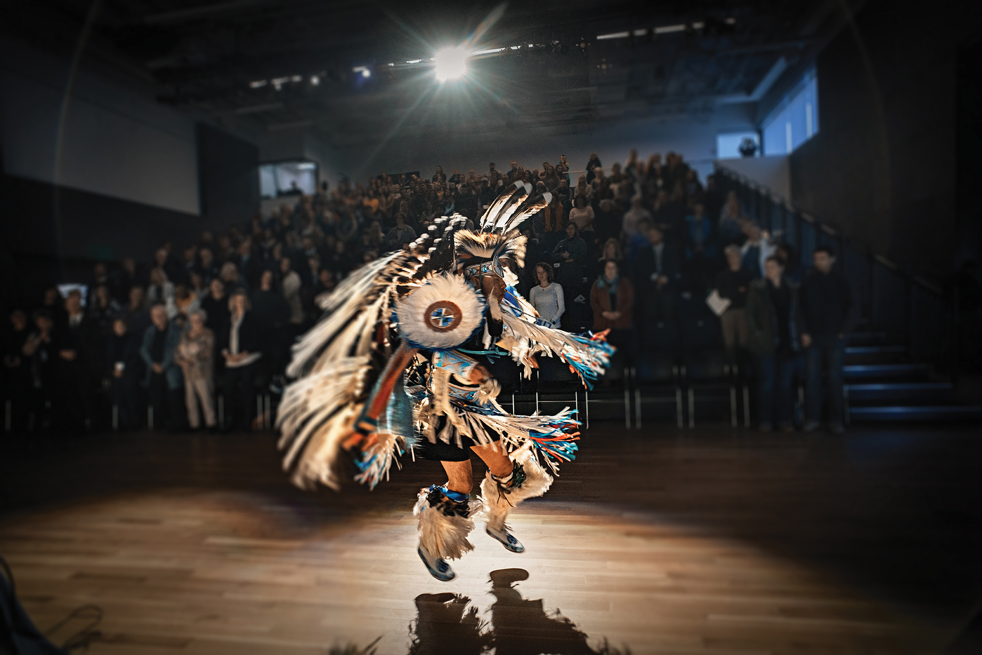 Native american in full powwow dance costume