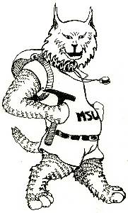 Cartoon image of chubby anthropomorphic bobcat with MSU T-shirt and geology hammer