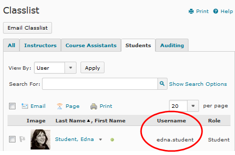 D2L v10.3 screenshot - the username is displayed under the "Username" column