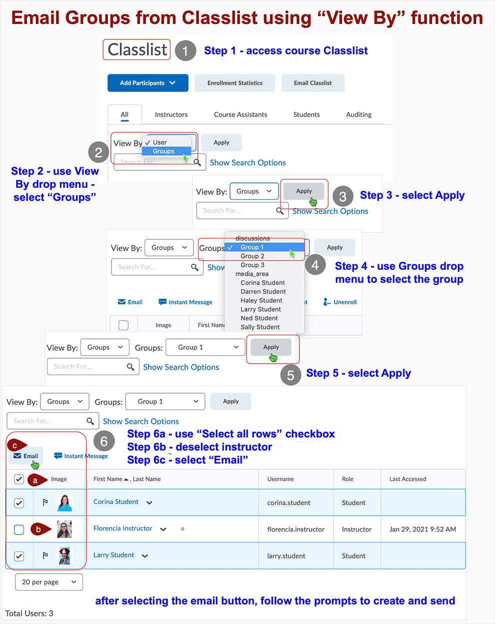 Brightspace screenshot - CD 20_21_01 - Use the "View By: Groups" functions to isolate classlist to specific group and the select to email the users displayed in the classlis