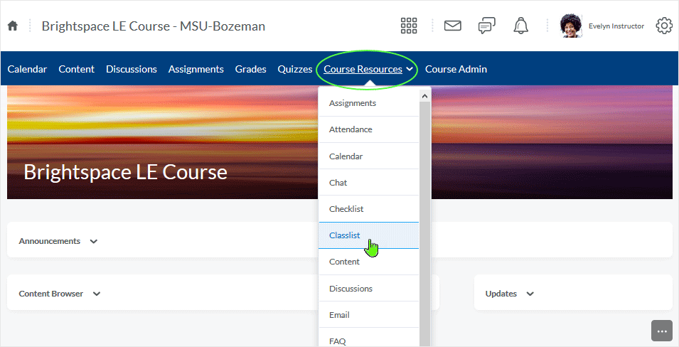 D2L 20.19.6 screenshot - select classlist link from "Course Resources" dropdown menu