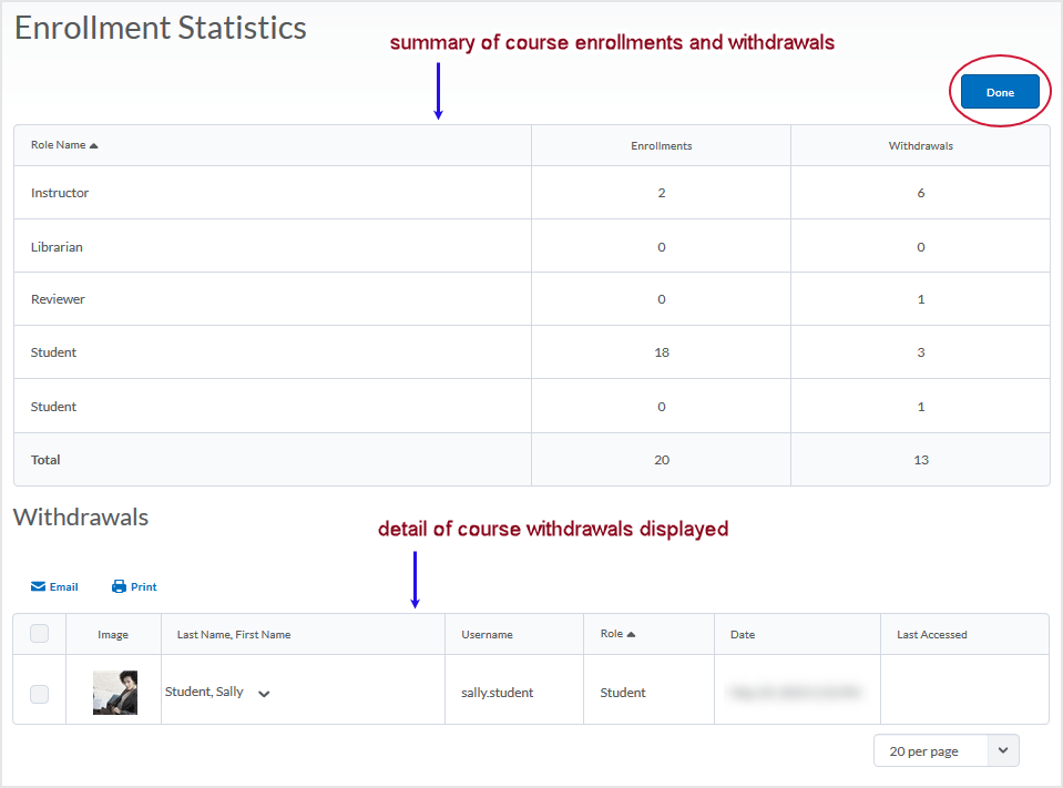 D2L 20.19.6 screenshot - enrollment statistics page display