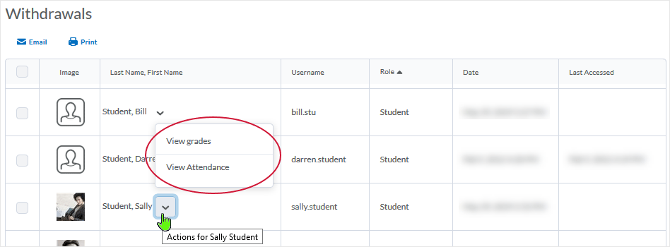 D2L 20.19.6 screenshot - selecting the action drop menu corresponding to an unenrolled student