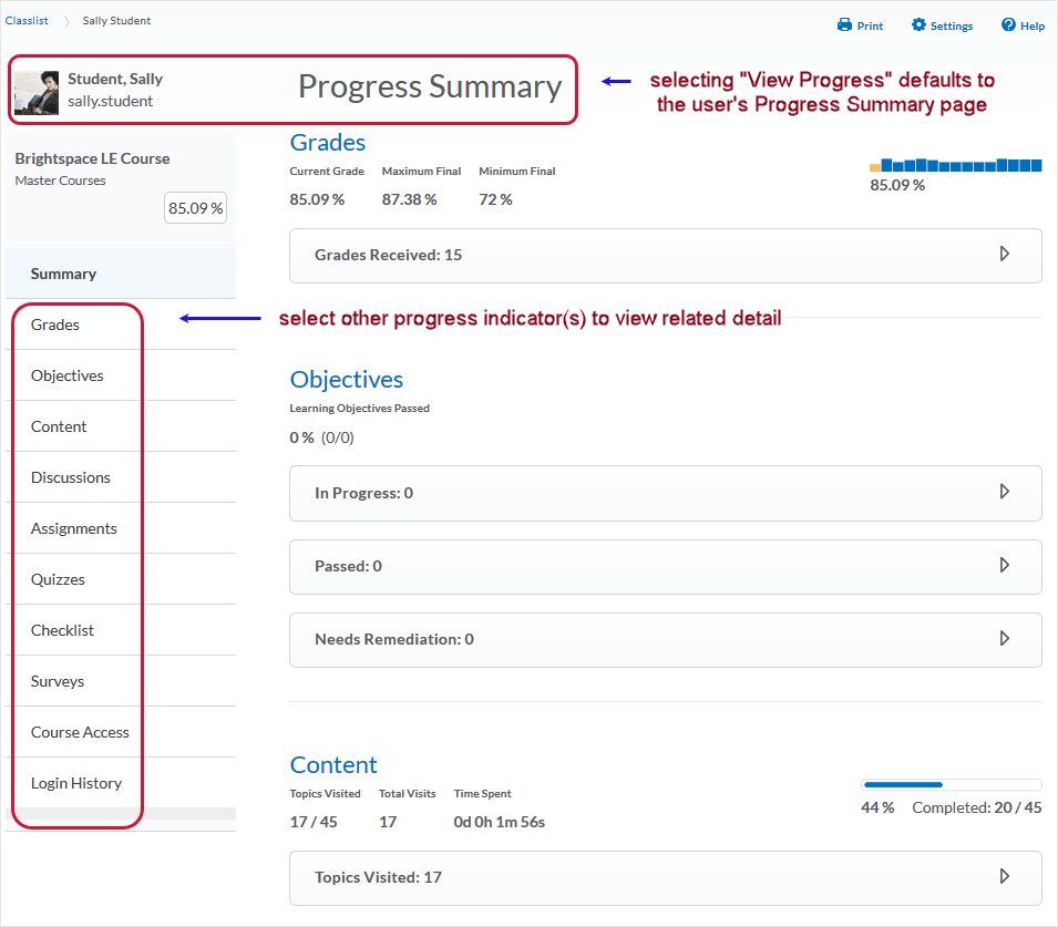 D2L 20.19.6 screenshot - &quot;User Progress&quot; area displayed - default is &quot;Progress Summary&quot; - select another progress indicator to view detail