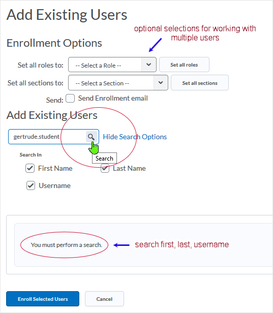 D2L 20.19.6 screenshot - search for the user to add into the course via Add Existing Users textbox in conjunction with the selection of the magnifying glass icon