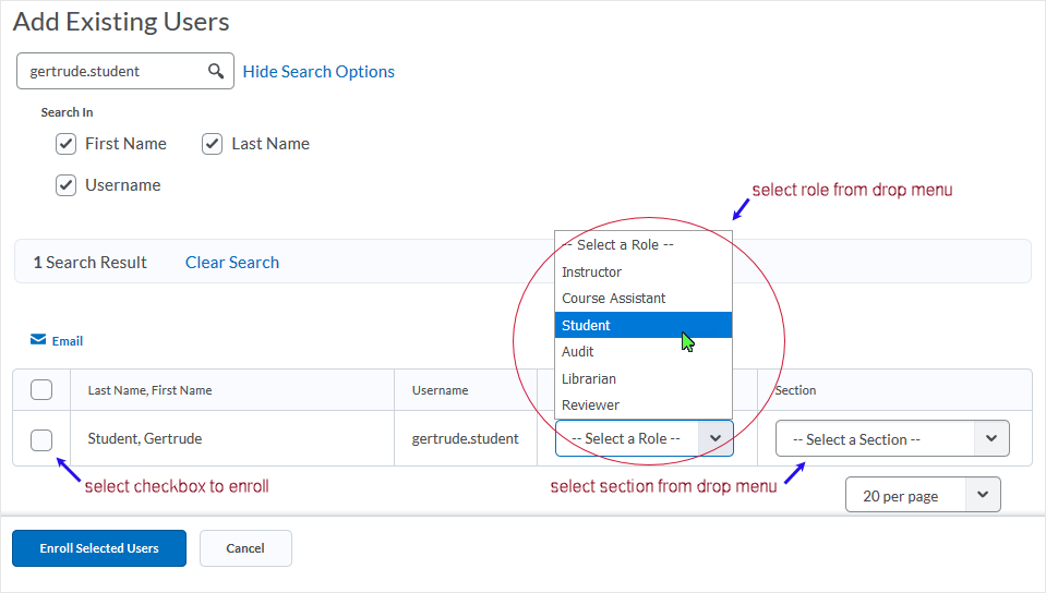 D2L 20.19.6 screenshot - select the role and section for the user from the available drop lists