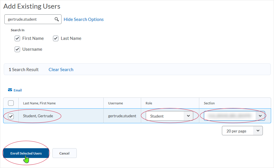 D2L 20.19.6 screenshot - check the checkbox associated with the user and select the "Enroll Selected Users" button to finish the job