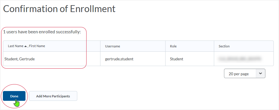 D2L 20.19.6 screenshot - Confirmation  of Enrollment displays