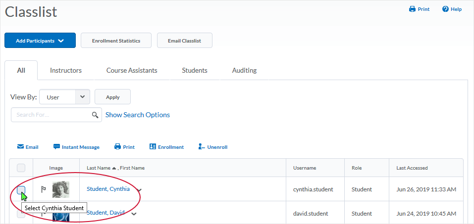 D2L 20.19.06 screenshot - select checkbox corresponding to user