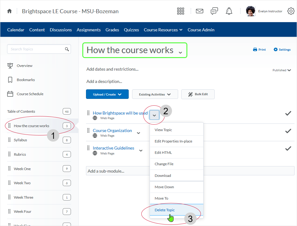 D2L 20.19.6 screenshot: deleting a topic from a module