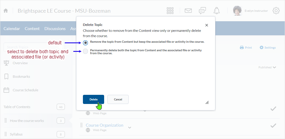 D2L 20.19.6 screenshot: dialogue box queries users as to whether the file associated with the topic is deleted or not