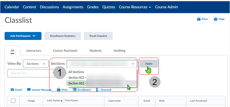 Brightspace screenshot - 20_22_02 - choose the section to display from the drop menu, select the "Apply" button